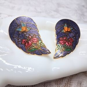 Vintage Cloisonne Earrings Butterfly And Flower Design Leaf Wing Purple Postback